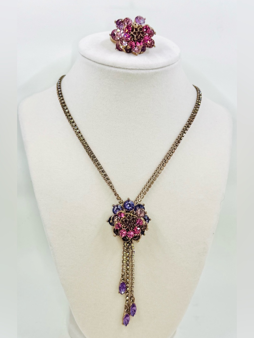 Betsey Johnson Vintage Pink & Purple Rhinestone Floral Tassel Necklace & Ring